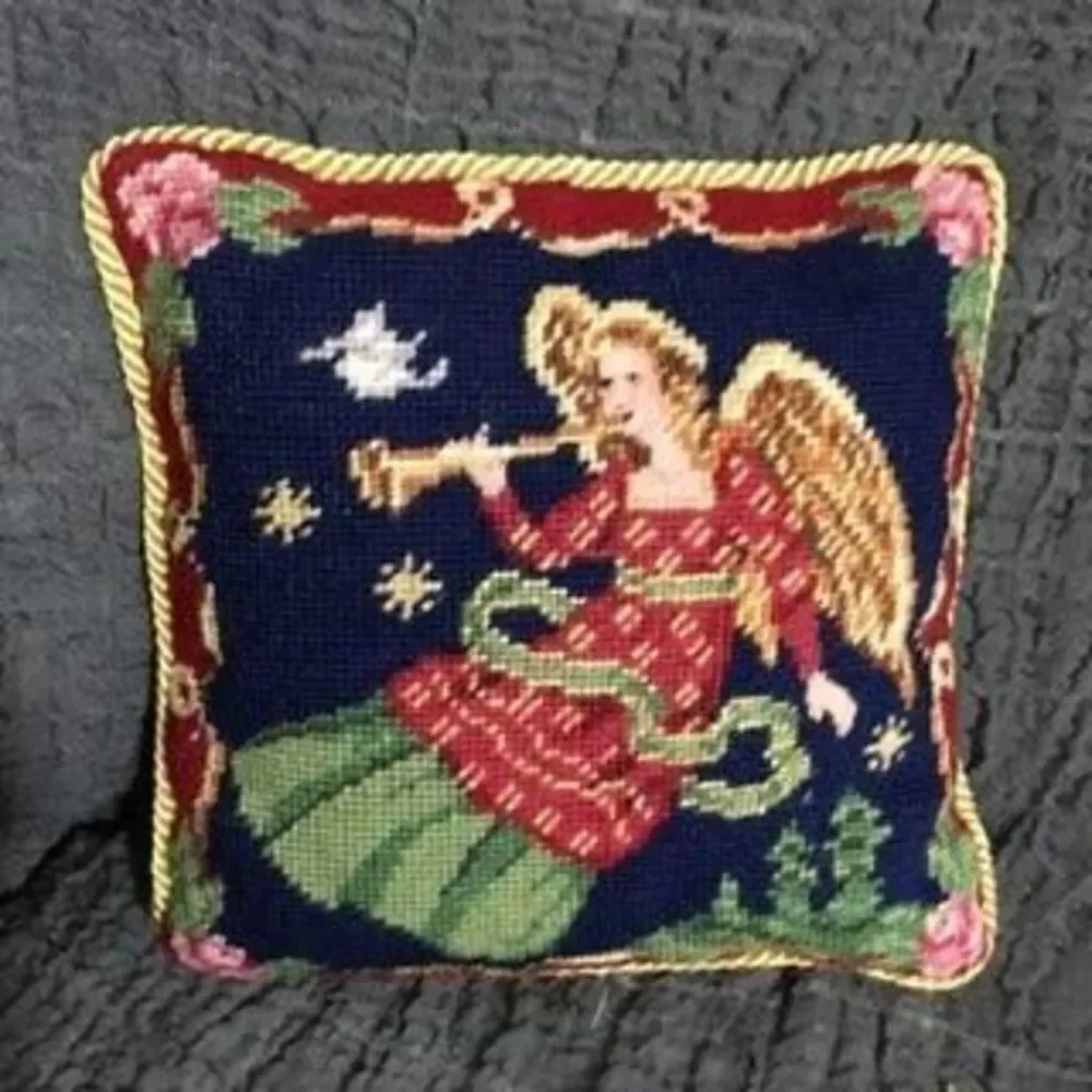 Vintage Needlepoint Angel Christmas Throw Pillow